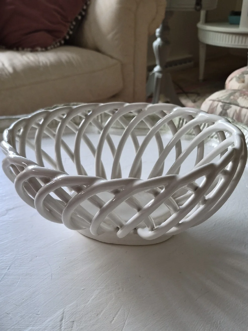 Vintage White Ceramic Open Weave Decorative Bowl